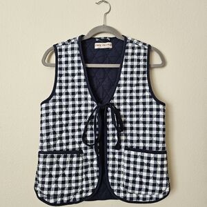 Free People Navy & White Gingham Quilted Tie-Front Vest